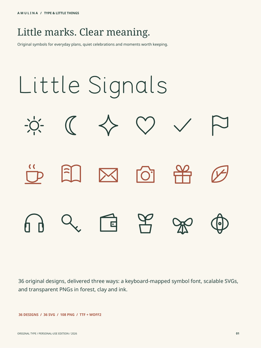 Actual AMULINA Little Signals specimen showing original planning symbols in forest and clay. 36 unique designs in multiple formats. Personal-use digital kit.