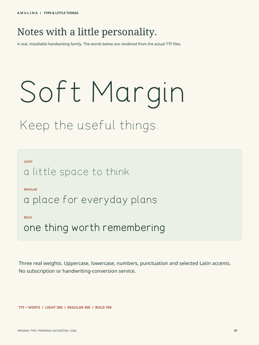 Actual AMULINA Soft Margin font specimen showing Light, Regular and Bold handwriting in forest green. Personal-use digital font; no physical item.