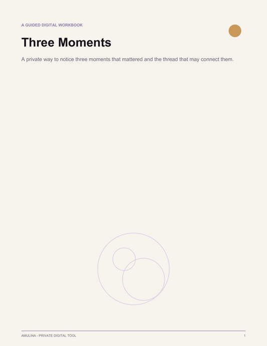 AMULINA Three Moments Reflection Guide cover with golden orbital motif