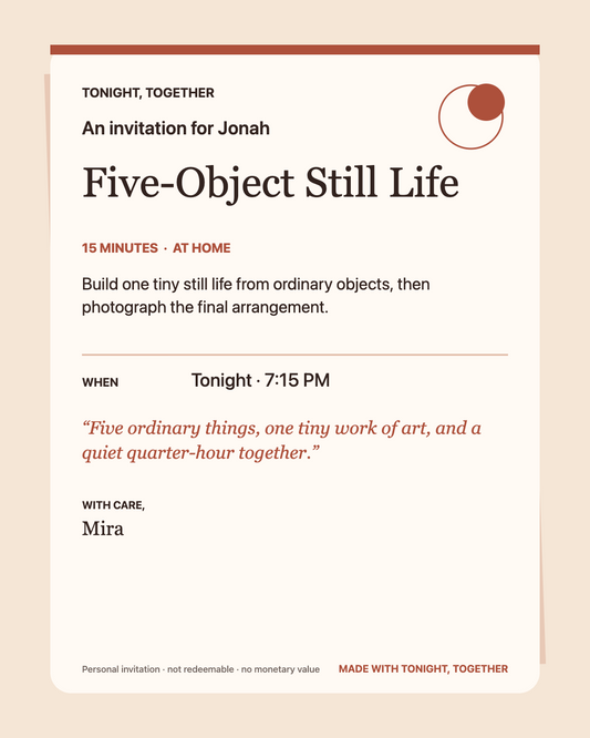 Fictional Tonight Together invitation for a five-object still life activity in the Candlelight color story