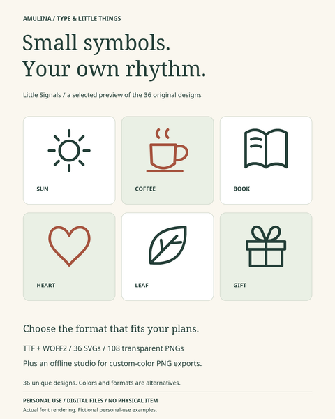 Six actual Little Signals designs: sun, coffee, book, heart, leaf and gift.