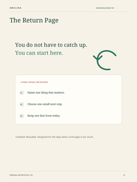 The Return Page cover with the words You do not have to catch up and a hand-drawn green return arrow